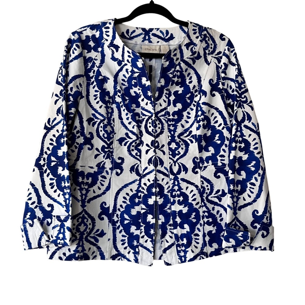 Chico's Damask Blazer Jacket Womens Blue White Scroll Print Textured Size 1/M